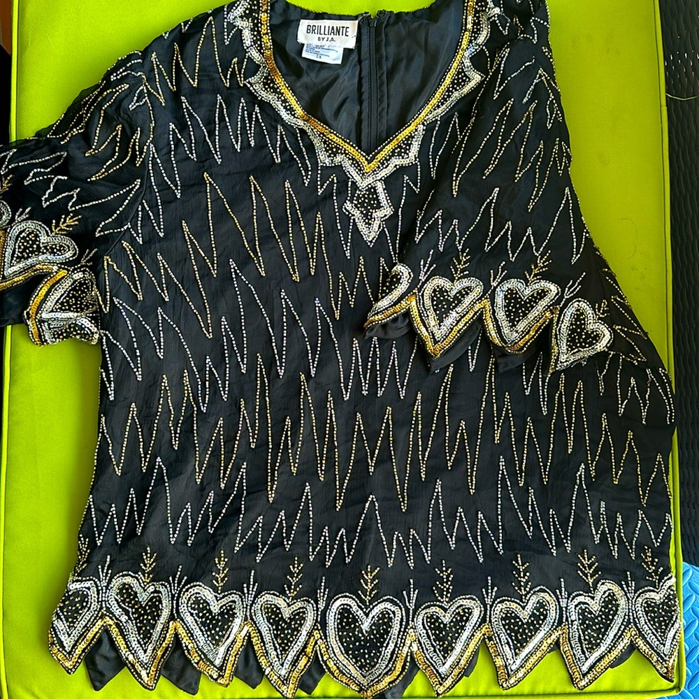 Vintage Silk Sequin Beaded Black and Metallic Short Sleeve Shirt